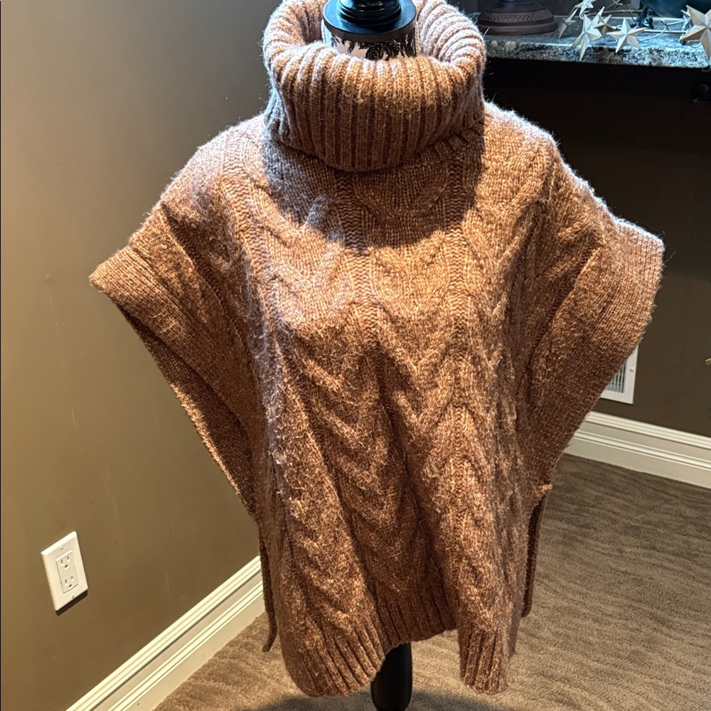 Tahari Cable-Knit Turtleneck Poncho in Warm Brown